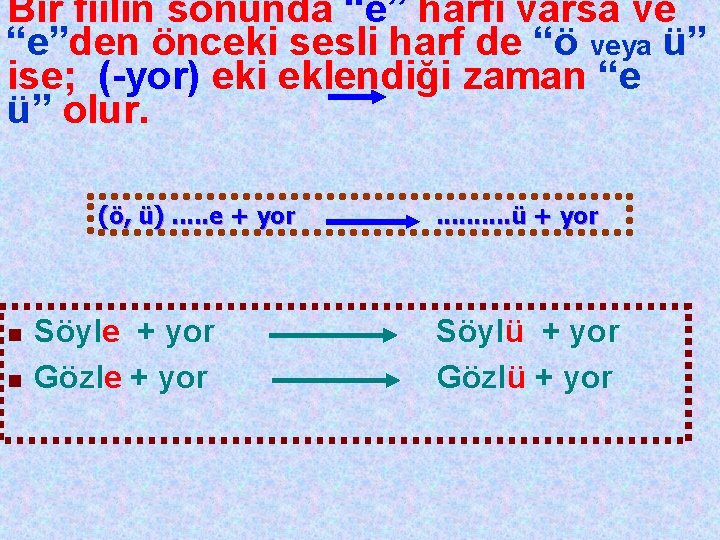 Bir fiilin sonunda “e” harfi varsa ve “e”den önceki sesli harf de “ö veya