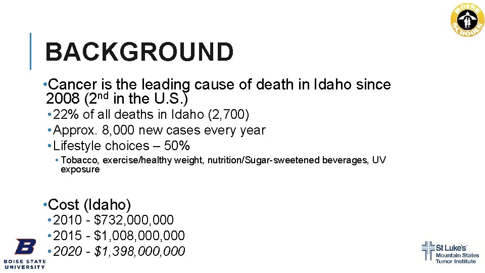 BACKGROUND • Cancer is the leading cause of death in Idaho since 2008 (2