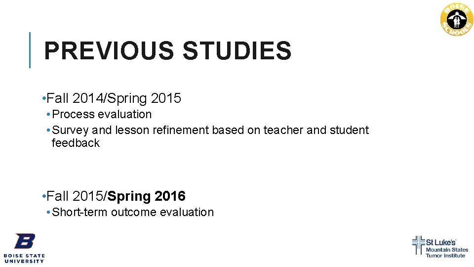 PREVIOUS STUDIES • Fall 2014/Spring 2015 • Process evaluation • Survey and lesson refinement