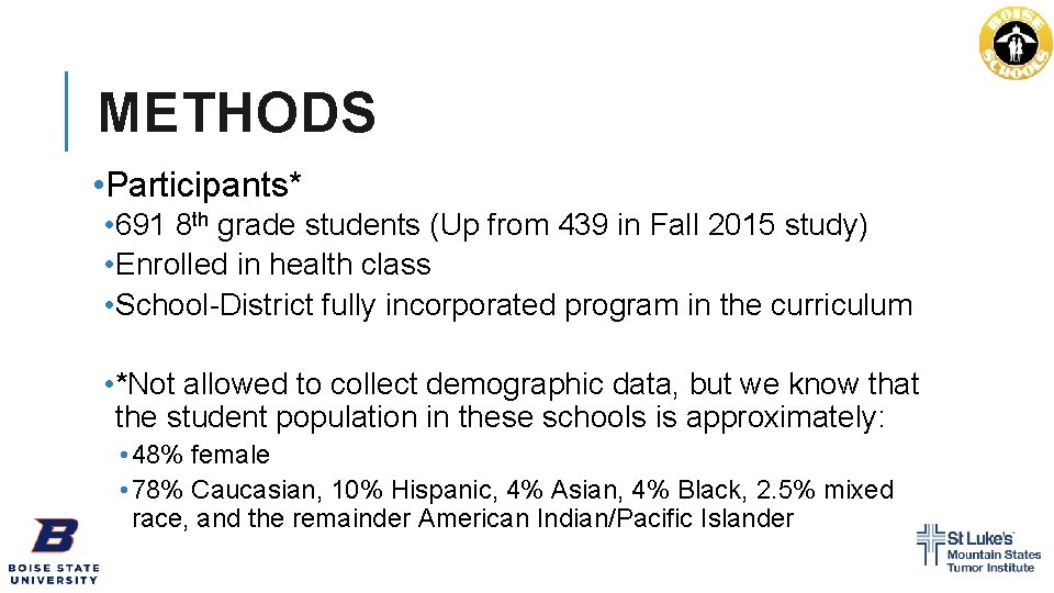 METHODS • Participants* • 691 8 th grade students (Up from 439 in Fall