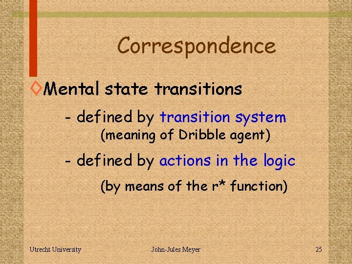 Correspondence ◊Mental state transitions - defined by transition system (meaning of Dribble agent) -