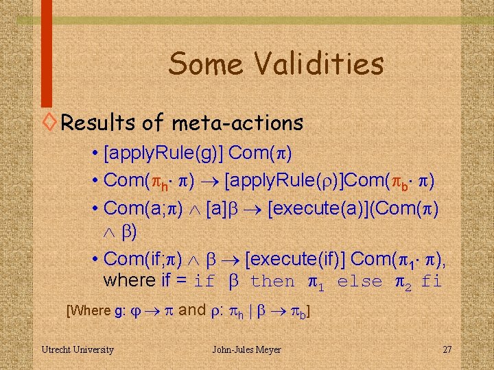 Some Validities ◊ Results of meta-actions • [apply. Rule(g)] Com(p) • Com(ph p) [apply.