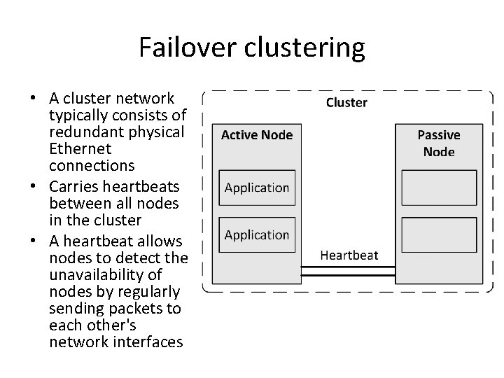 Failover clustering • A cluster network typically consists of redundant physical Ethernet connections •