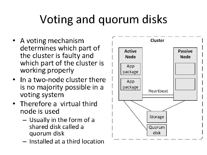 Voting and quorum disks • A voting mechanism determines which part of the cluster