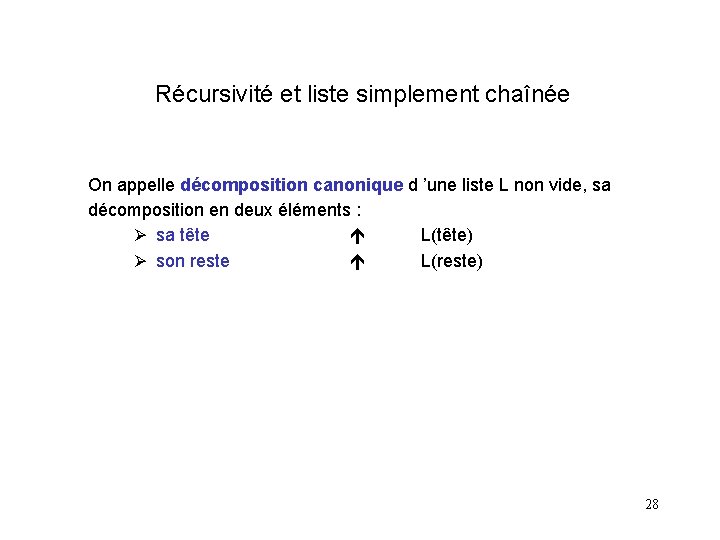 Récursivité et liste simplement chaînée On appelle décomposition canonique d ’une liste L non