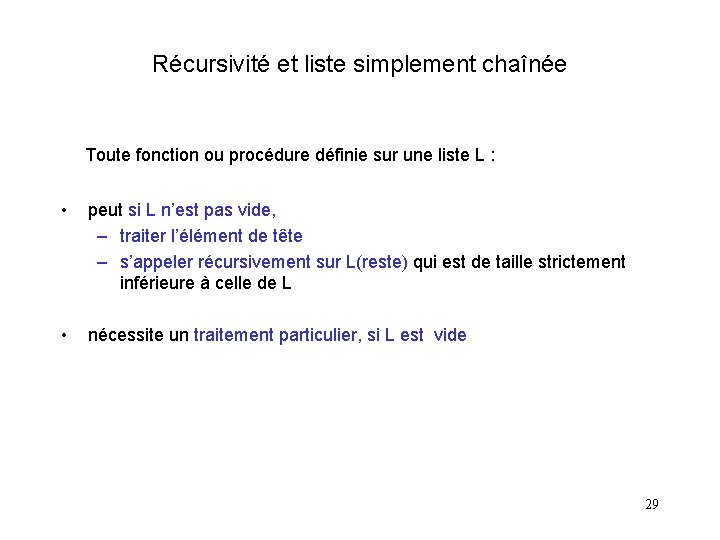 Récursivité et liste simplement chaînée Toute fonction ou procédure définie sur une liste L