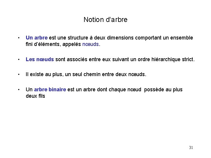 Notion d’arbre • Un arbre est une structure à deux dimensions comportant un ensemble