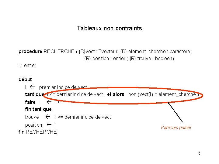 Tableaux non contraints procedure RECHERCHE ( {D}vect : Tvecteur; {D} element_cherche : caractere ;
