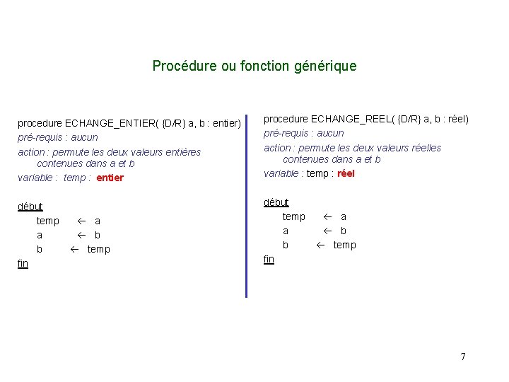 Procédure ou fonction générique procedure ECHANGE_ENTIER( {D/R} a, b : entier) pré-requis : aucun