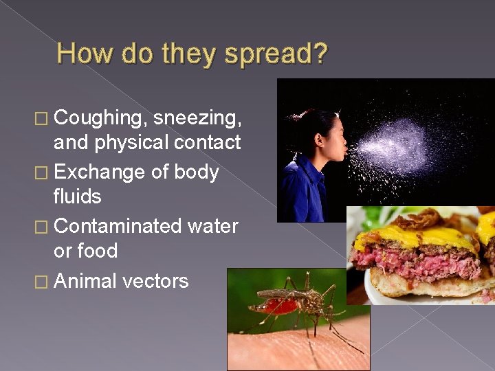 How do they spread? � Coughing, sneezing, and physical contact � Exchange of body