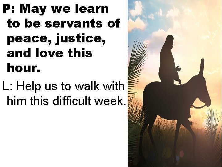 P: May we learn to be servants of peace, justice, and love this hour.