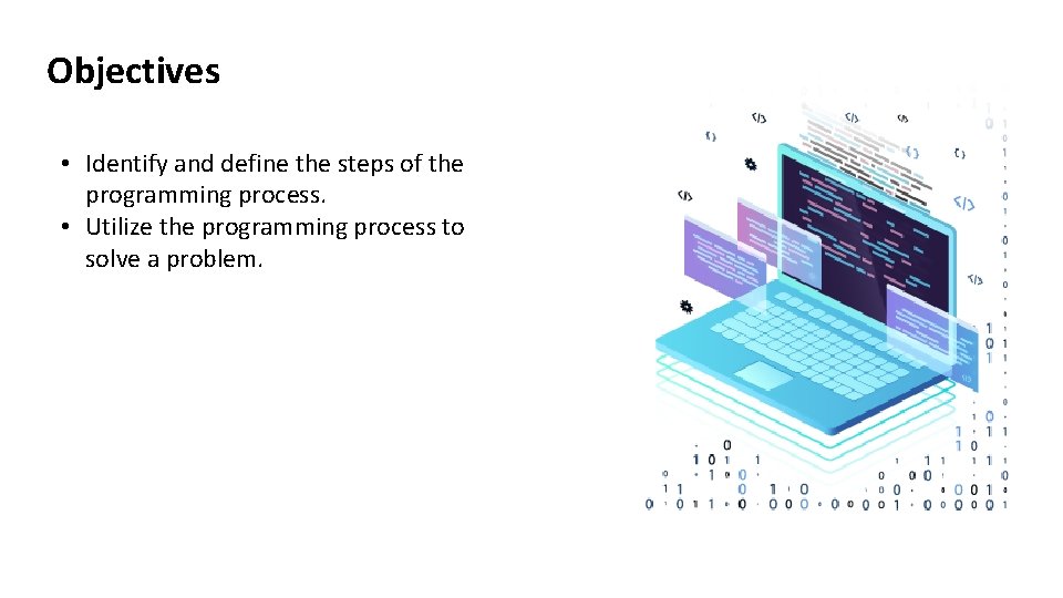 Objectives • Identify and define the steps of the programming process. • Utilize the
