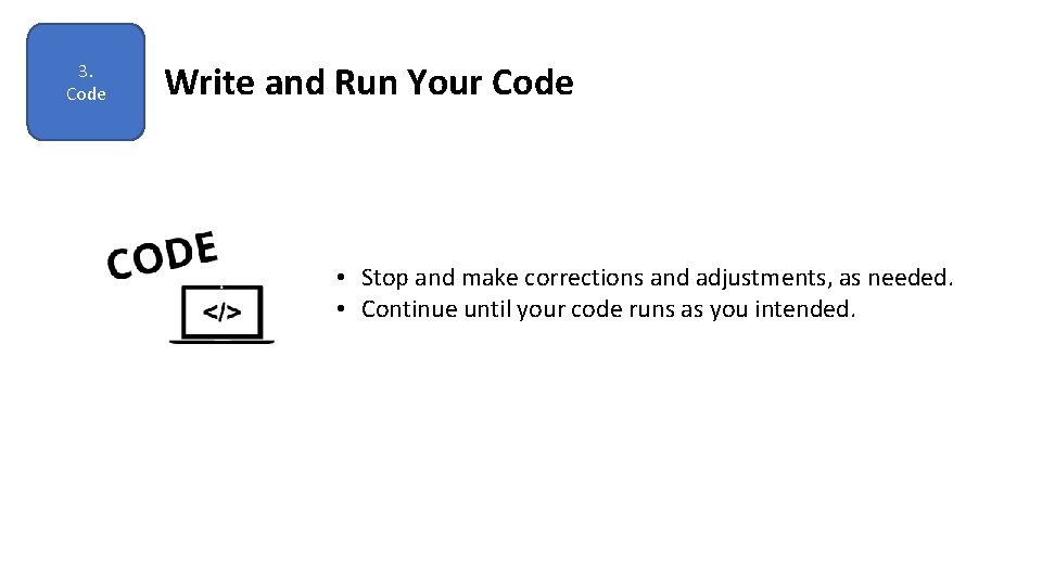 3. Code Write and Run Your Code • Stop and make corrections and adjustments,