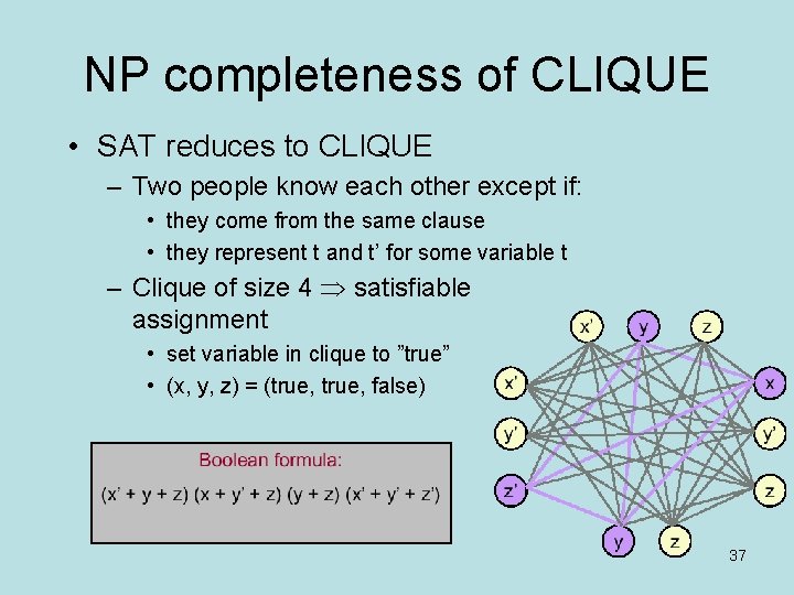 NP completeness of CLIQUE • SAT reduces to CLIQUE – Two people know each