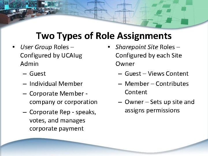 Two Types of Role Assignments • User Group Roles – Configured by UCAIug Admin