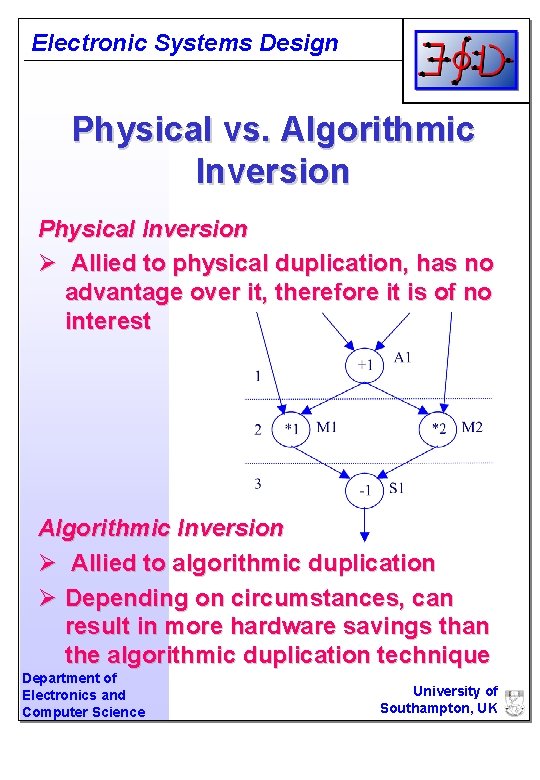 Electronic Systems Design Physical vs. Algorithmic Inversion Physical Inversion Ø Allied to physical duplication,