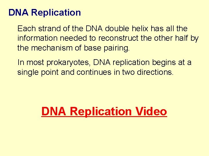 DNA Replication Each strand of the DNA double helix has all the information needed