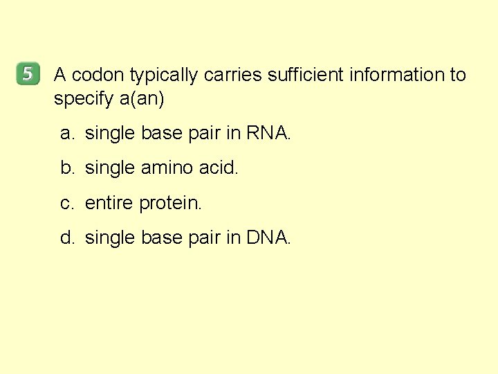 A codon typically carries sufficient information to specify a(an) a. single base pair in