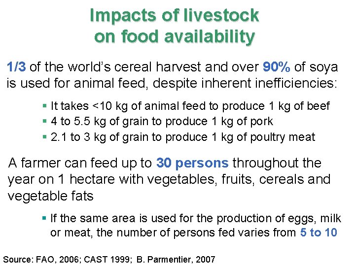 Impacts of livestock on food availability 1/3 of the world’s cereal harvest and over