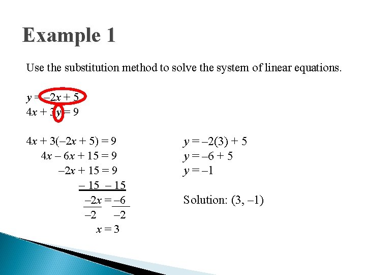 Example 1 Use the substitution method to solve the system of linear equations. y