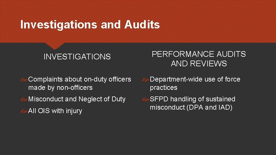 Investigations and Audits INVESTIGATIONS PERFORMANCE AUDITS AND REVIEWS Complaints about on-duty officers made by