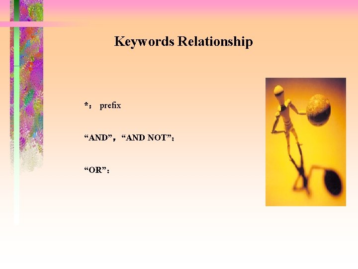 Keywords Relationship *： prefix “AND”，“AND NOT”： “OR”： 