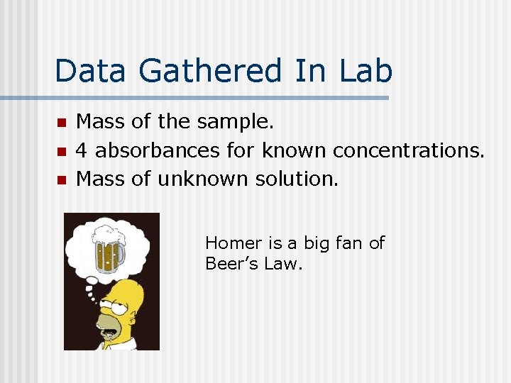 Data Gathered In Lab n n n Mass of the sample. 4 absorbances for