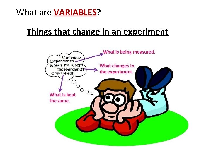What are VARIABLES? Things that change in an experiment 