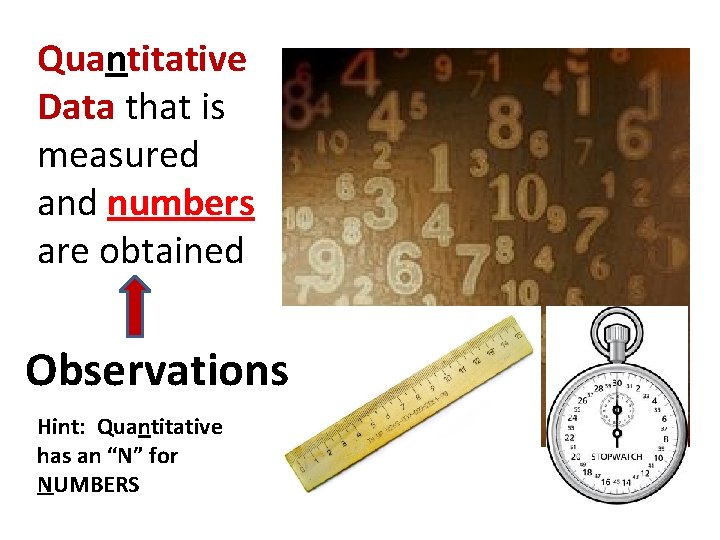 Quantitative Data that is measured and numbers are obtained Observations Hint: Quantitative has an