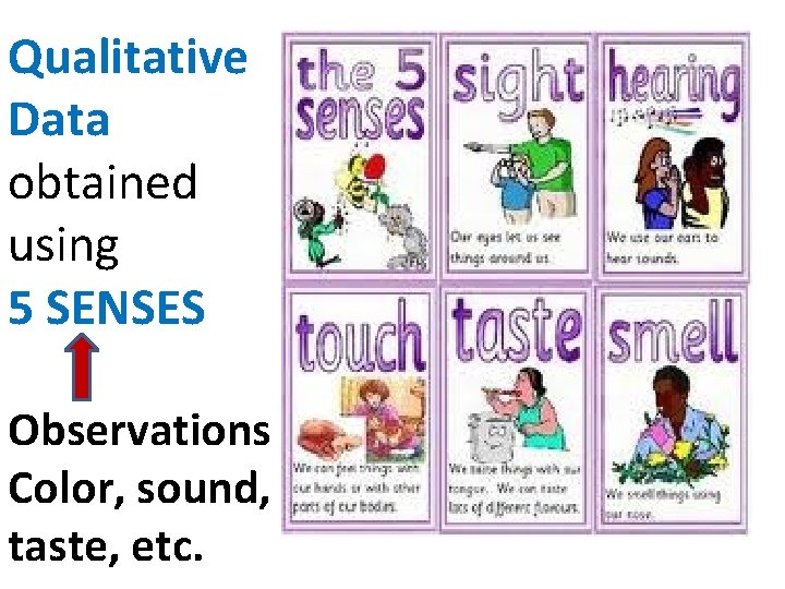 Qualitative Data obtained using 5 SENSES Observations Color, sound, taste, etc. 