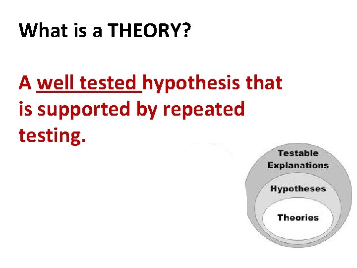 What is a THEORY? A well tested hypothesis that is supported by repeated testing.