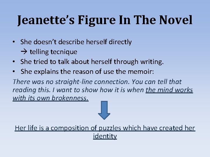 Jeanette’s Figure In The Novel • She doesn’t describe herself directly telling tecnique •