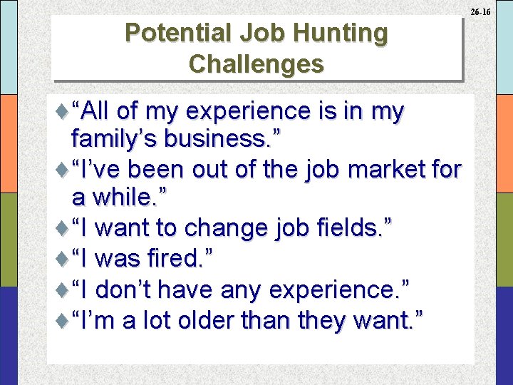 26 -16 Potential Job Hunting Challenges ¨“All of my experience is in my family’s