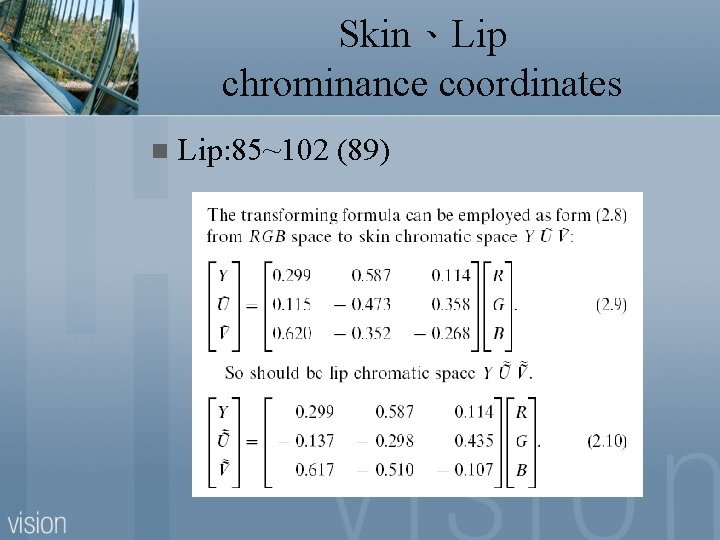 Skin、Lip chrominance coordinates n Lip: 85~102 (89) 