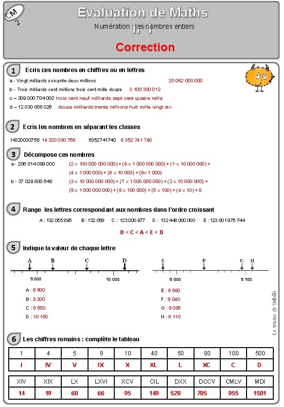 Evaluation de Maths Numération : les nombres entiers n° 1 CM 2 Correction 1