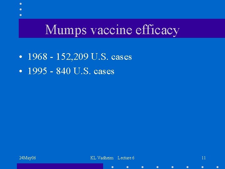 Mumps vaccine efficacy • 1968 - 152, 209 U. S. cases • 1995 -