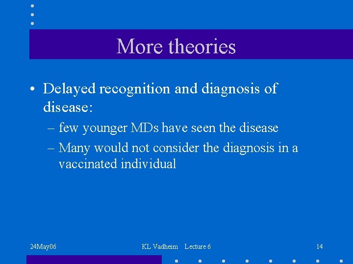 More theories • Delayed recognition and diagnosis of disease: – few younger MDs have