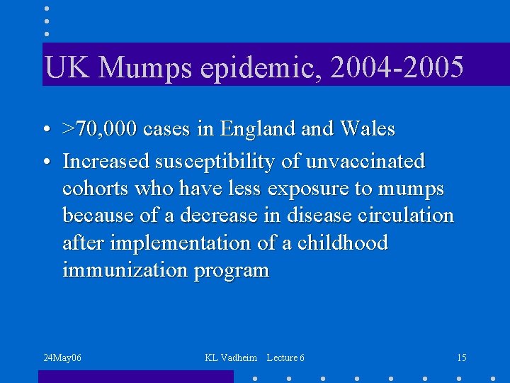 UK Mumps epidemic, 2004 -2005 • >70, 000 cases in England Wales • Increased