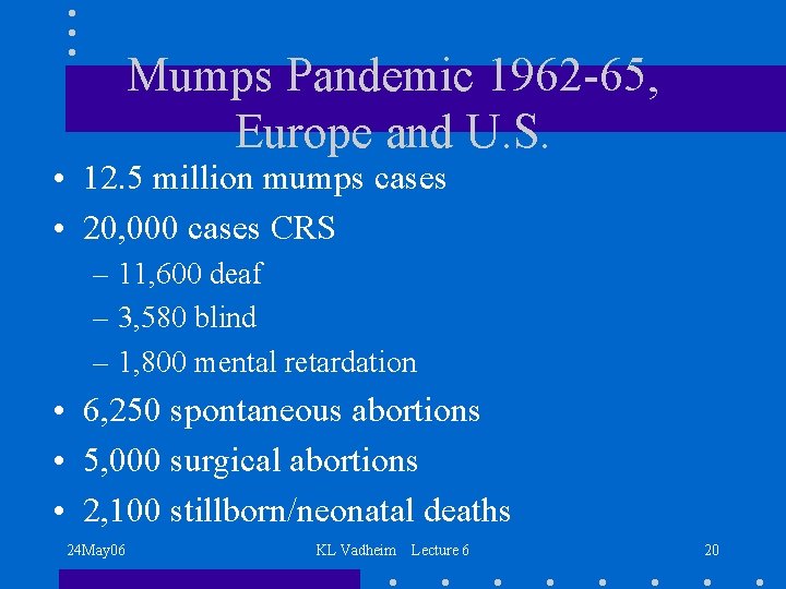 Mumps Pandemic 1962 -65, Europe and U. S. • 12. 5 million mumps cases