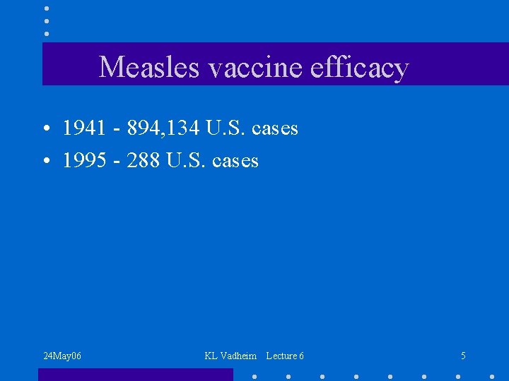 Measles vaccine efficacy • 1941 - 894, 134 U. S. cases • 1995 -