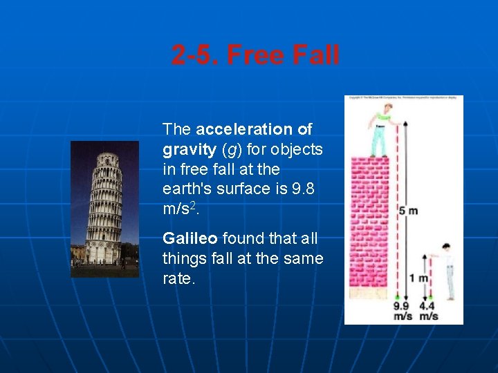 2 -5. Free Fall The acceleration of gravity (g) for objects in free fall 2 -5. Free Fall The acceleration of gravity (g) for objects in free fall
