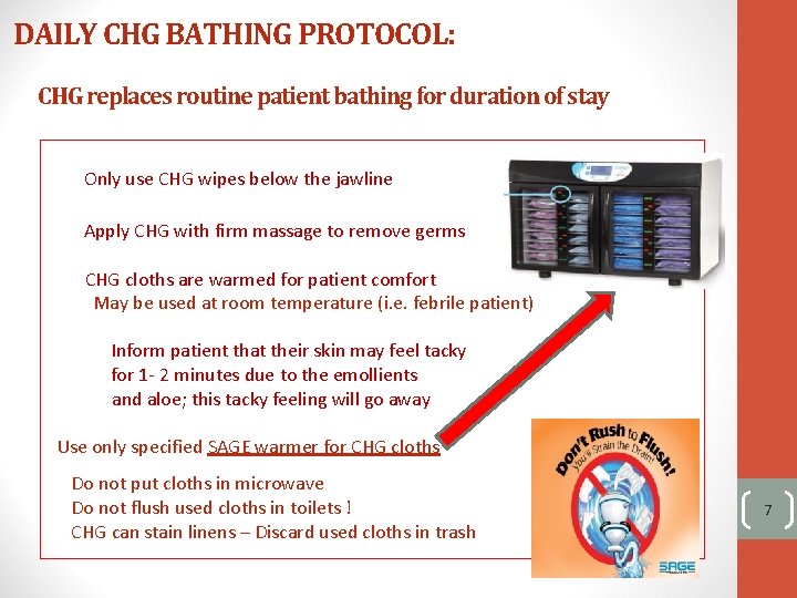 DAILY CHG BATHING PROTOCOL: CHG replaces routine patient bathing for duration of stay Only