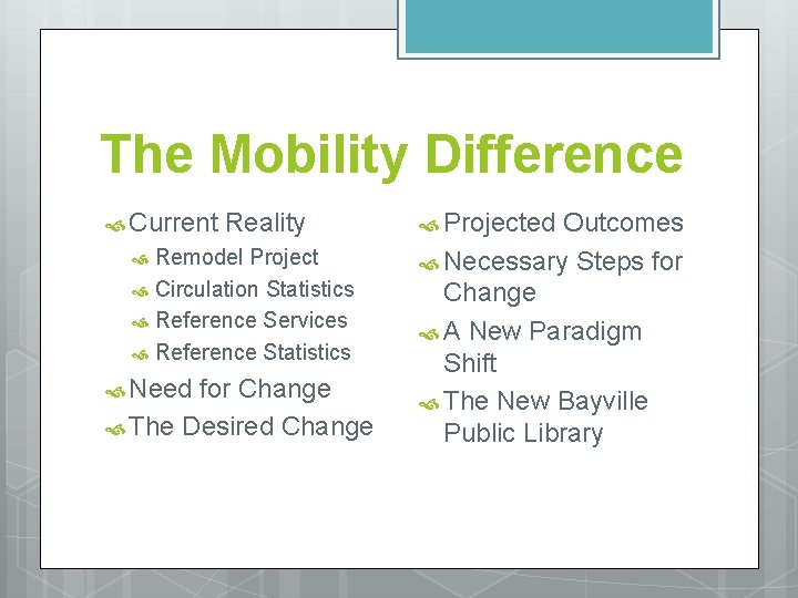 The Mobility Difference Current Reality Remodel Project Circulation Statistics Reference Services Reference Statistics Need