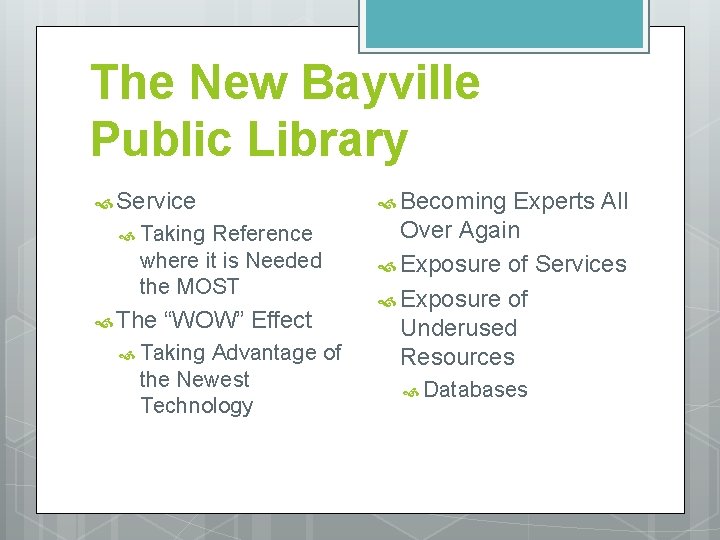 The New Bayville Public Library Service Taking Reference where it is Needed the MOST