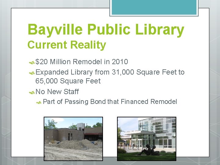 Bayville Public Library Current Reality $20 Million Remodel in 2010 Expanded Library from 31,