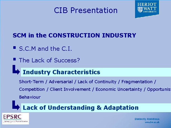 CIB Presentation SCM in the CONSTRUCTION INDUSTRY § S. C. M and the C.
