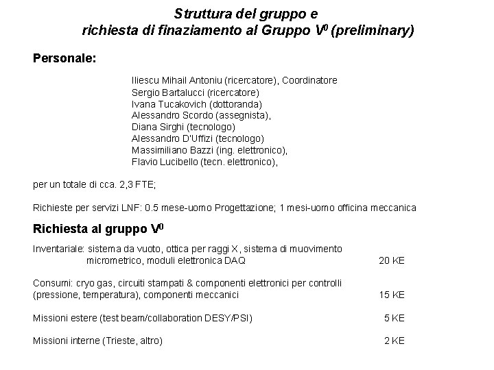 Struttura del gruppo e richiesta di finaziamento al Gruppo V 0 (preliminary) Personale: Iliescu