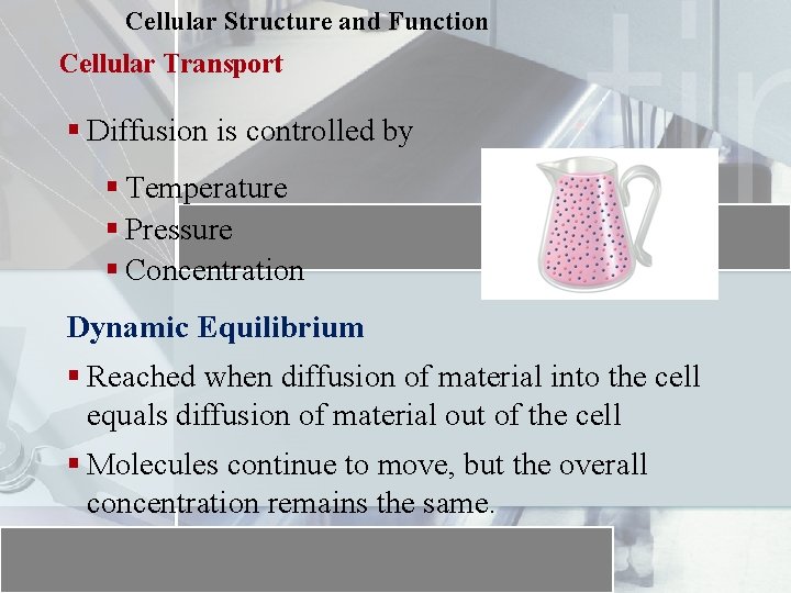 Cellular Structure and Function Cellular Transport § Diffusion is controlled by § Temperature §