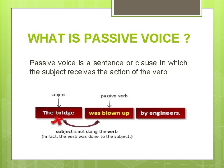 WHAT IS PASSIVE VOICE ? Passive voice is a sentence or clause in which