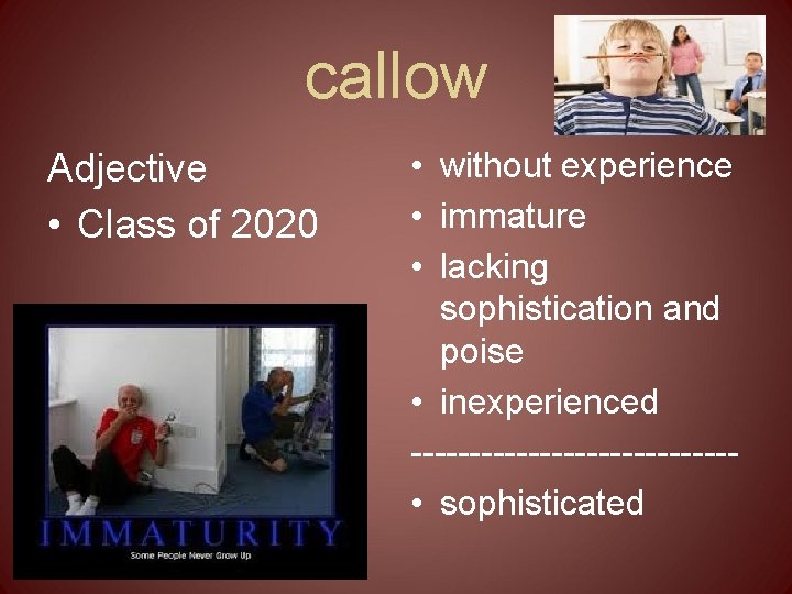 callow Adjective • Class of 2020 • without experience • immature • lacking sophistication
